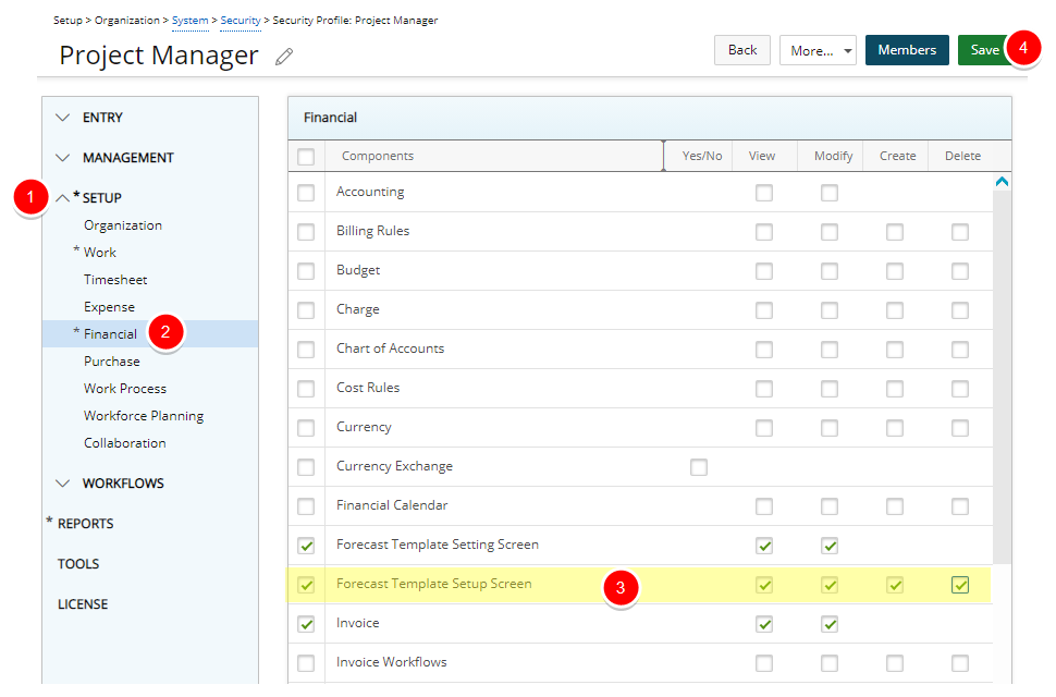 Cliquez sur les droits pour accéder à l'écran de configuration du modèle de prévision.