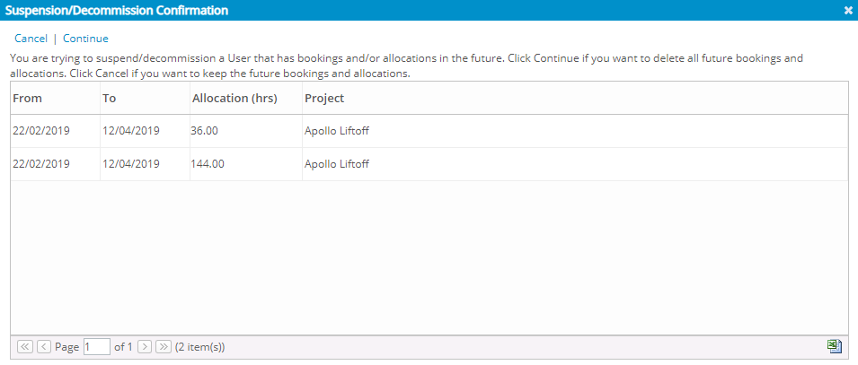 Cliquez sur Continuer pour supprimer toutes les réservations et allocations futures.