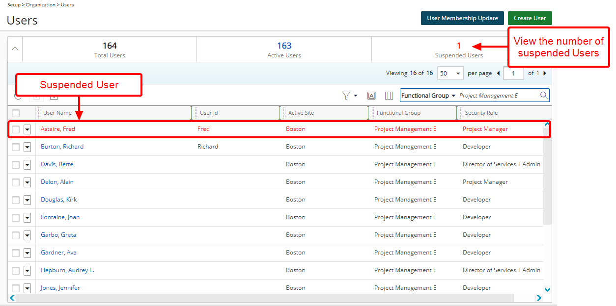 Afficher l'utilisateur suspendu