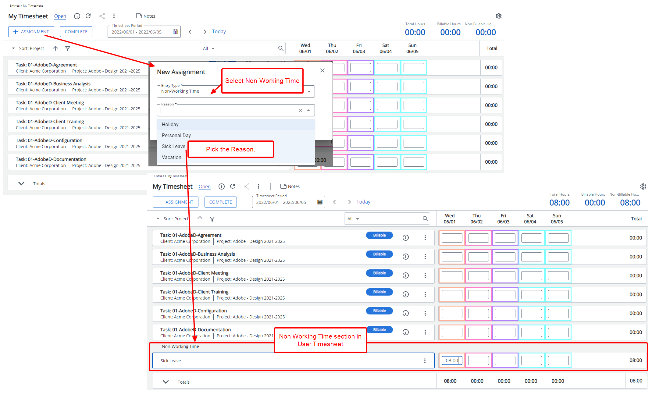 Visualisez l'impact en tant qu'utilisateur effectuant une entrée sur sa feuille de temps