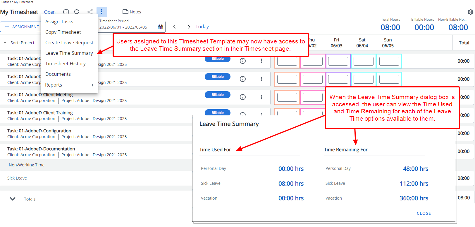 Visualisez l'impact en tant qu'utilisateur effectuant une entrée sur sa feuille de temps
