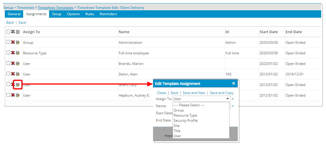 Modification d'une attribution de modèle