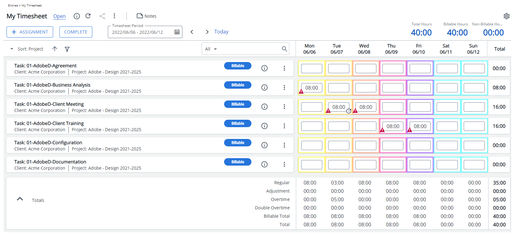 Visualisez l'impact en tant qu'utilisateur effectuant une entrée sur sa feuille de temps