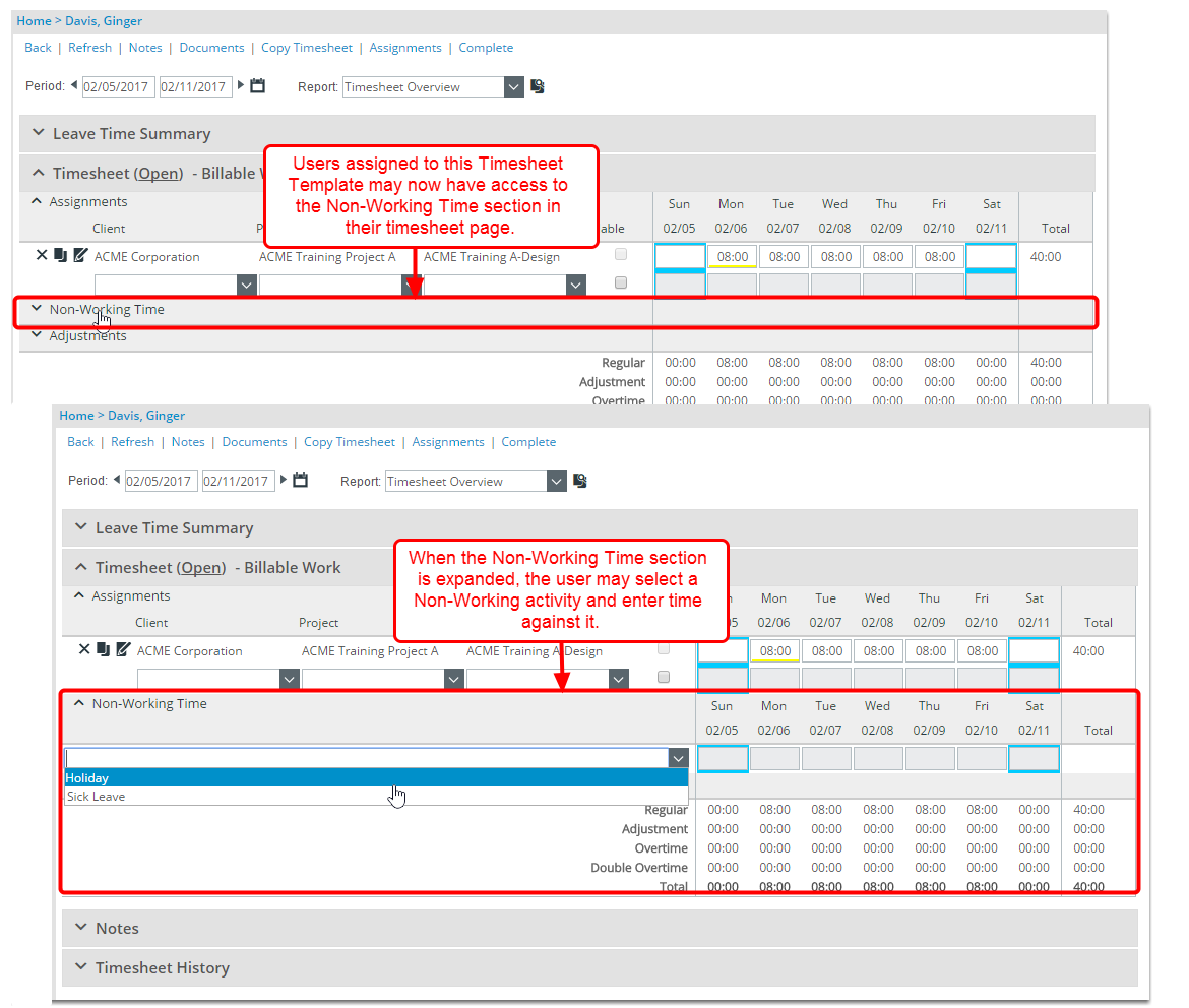 Visualisez l'impact en tant qu'utilisateur effectuant une entrée sur sa feuille de temps