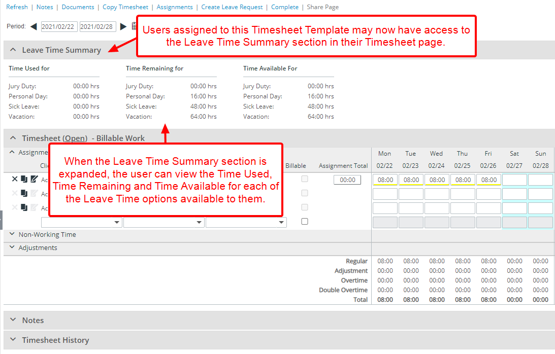 Visualisez l'impact en tant qu'utilisateur effectuant une entrée sur sa feuille de temps