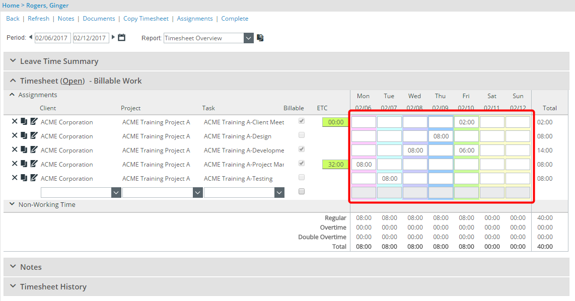 Visualisez l'impact en tant qu'utilisateur effectuant une entrée sur sa feuille de temps