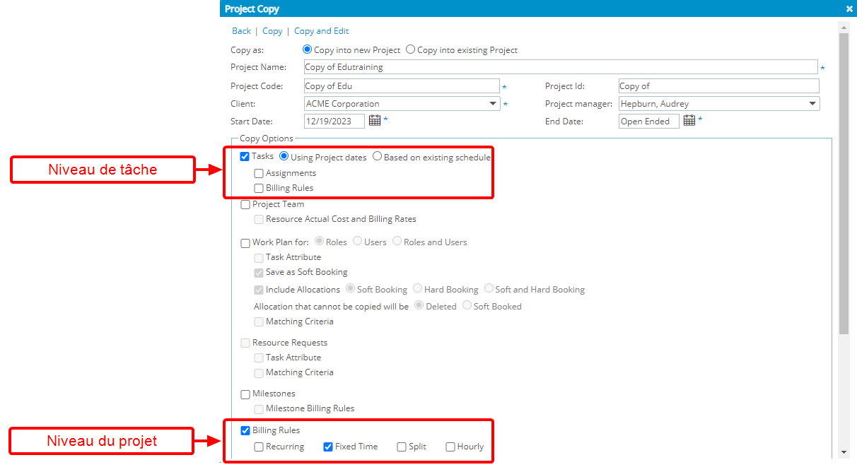 Copier les règles de coût et de facturation pour les tarifs fixes lors de la copie du projet