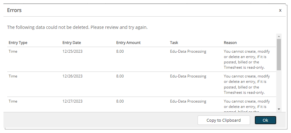 Dans la boîte de dialogue Erreurs, vous pouvez facilement copier les informations dans votre presse-papiers pour référence future.