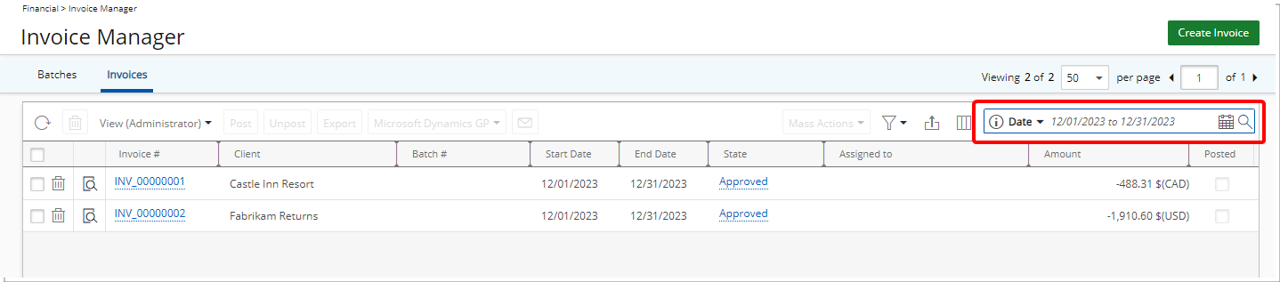 Le filtre de recherche basé sur la date est mémorisé dans le gestionnaire de factures