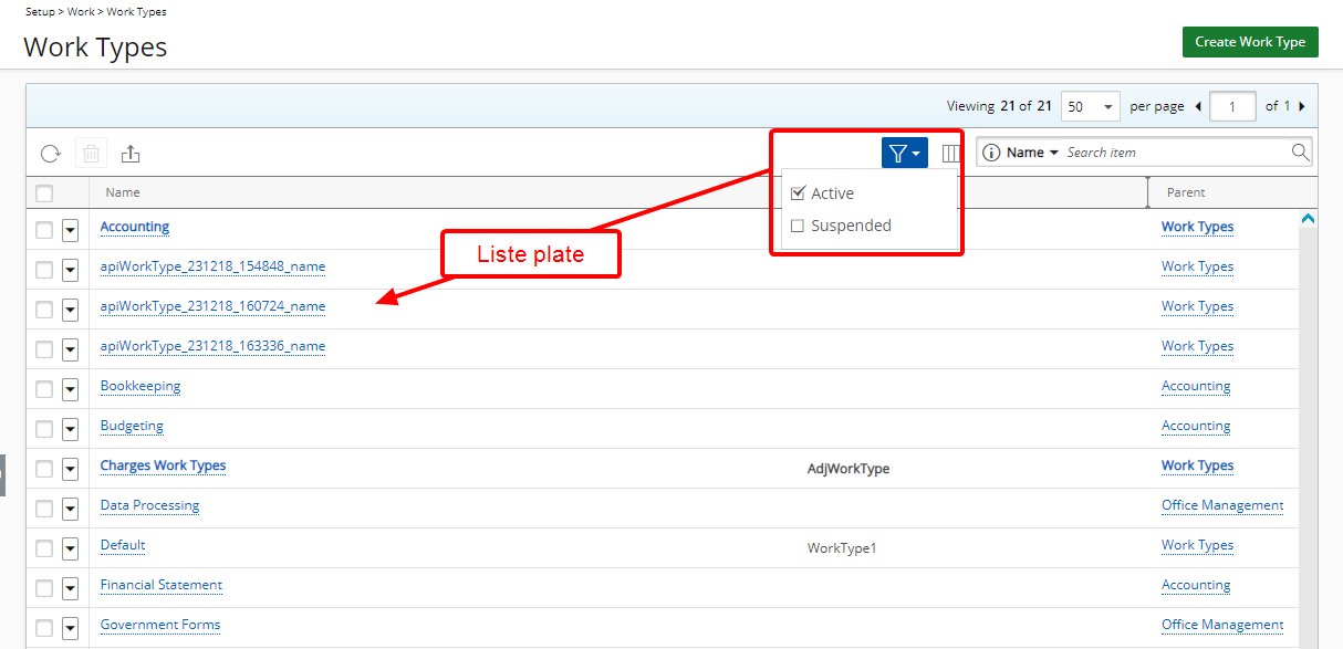 Filtrer en fonction des critères Suspendus et Actifs