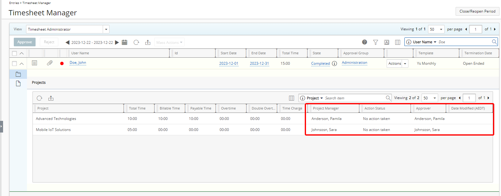 Nouvelles colonnes dans le dossier de projets du Gestionnaire de feuilles de temps