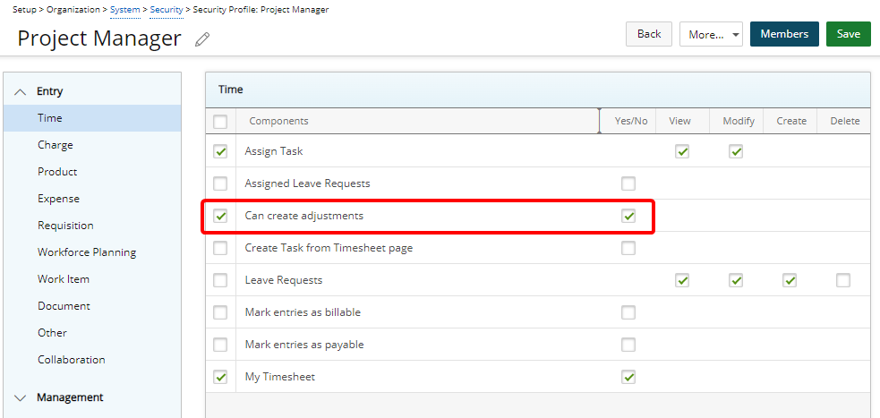 Peut créer une autorisation de sécurité d'ajustements pour une nouvelle feuille de temps