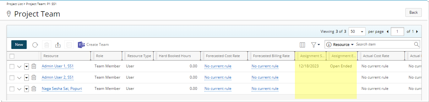 Nouvelles colonnes dans la page Équipe de projet