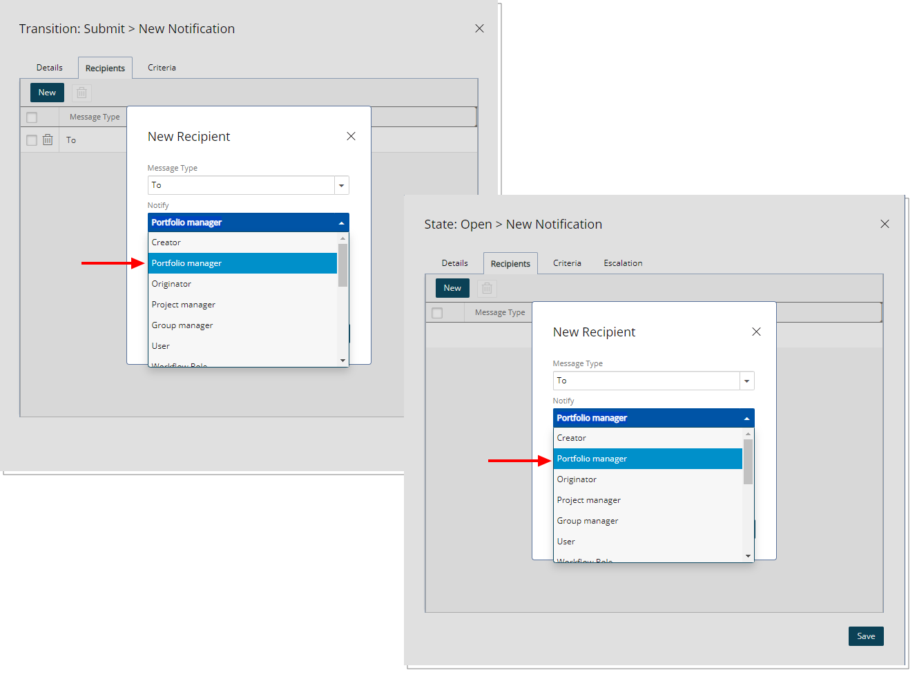 Ajout du gestionnaire de portefeuille en tant que destinataire