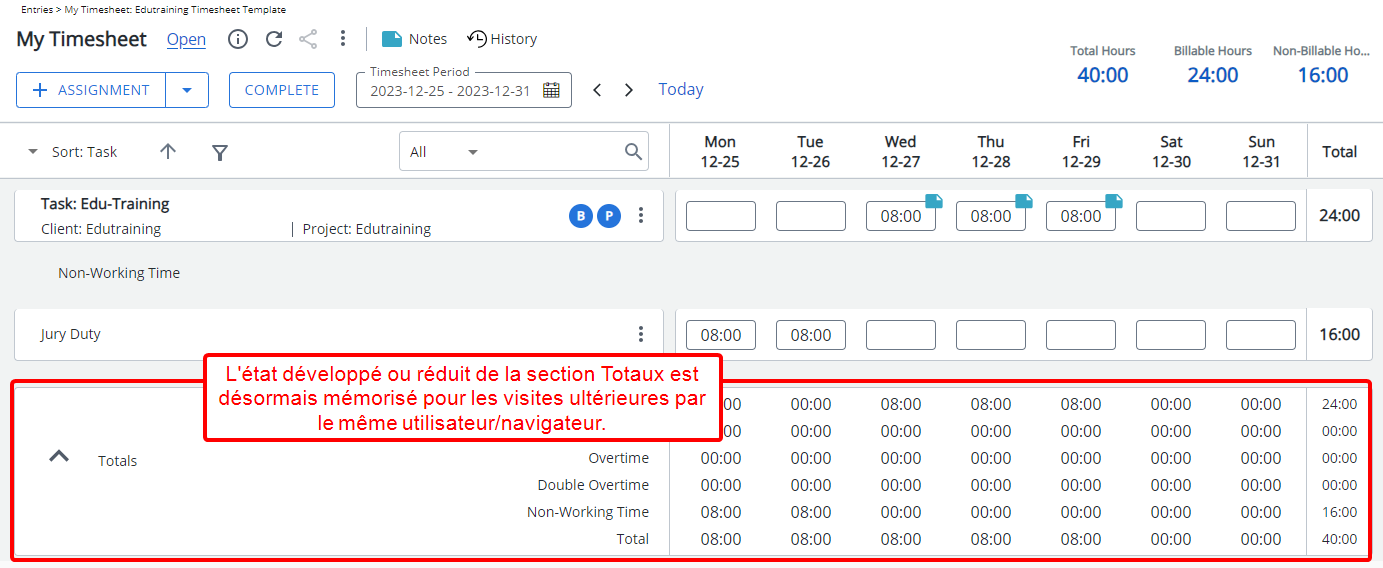 Amélioration de l'état développé ou réduit de la section Total
