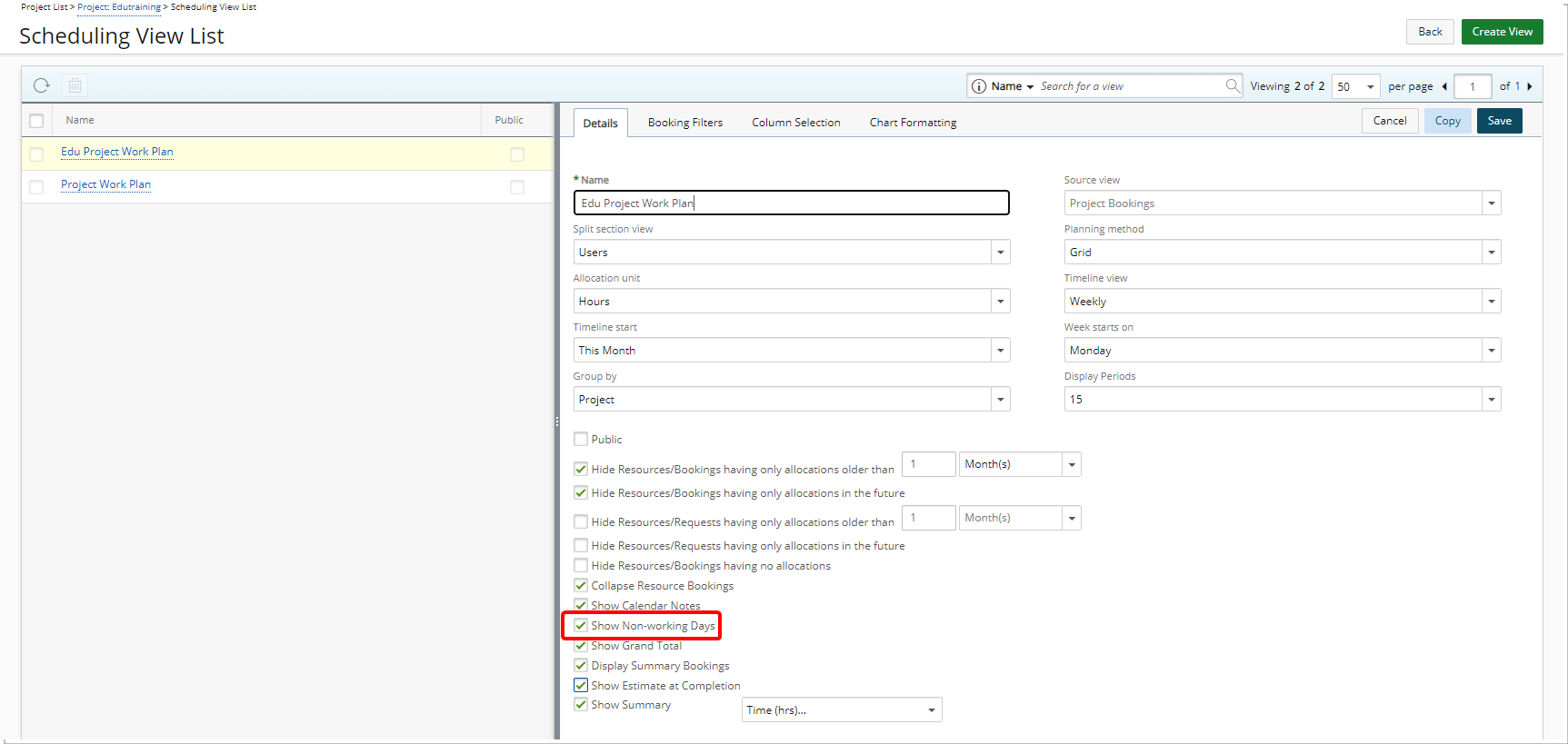 Indicateur de congé pour les vues de chronologie hebdomadaire et mensuelle dans les plans de travail