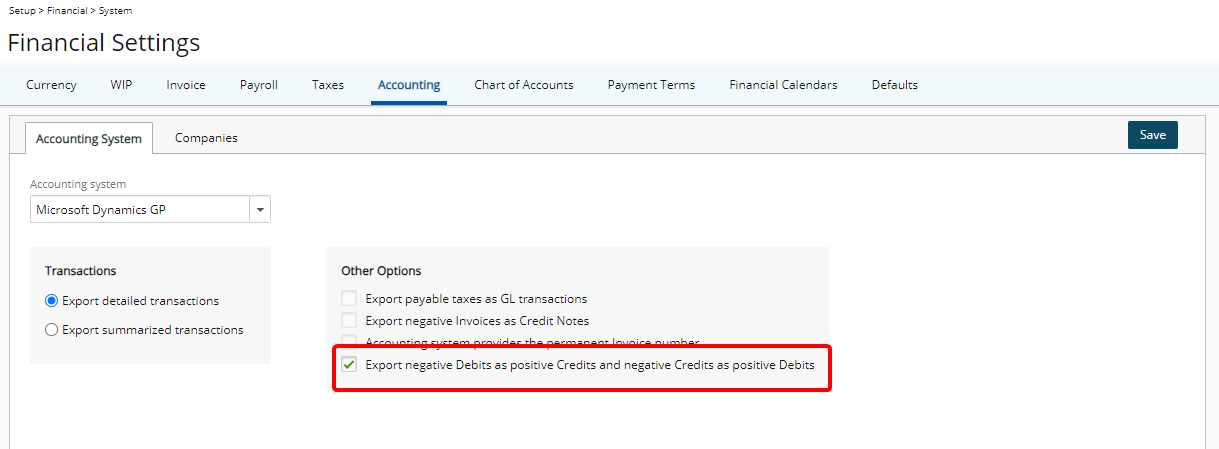 Option pour exporter les débits négatifs sous forme de crédits positifs et les crédits négatifs sous forme de débits positifs vers Microsoft Dynamics GP