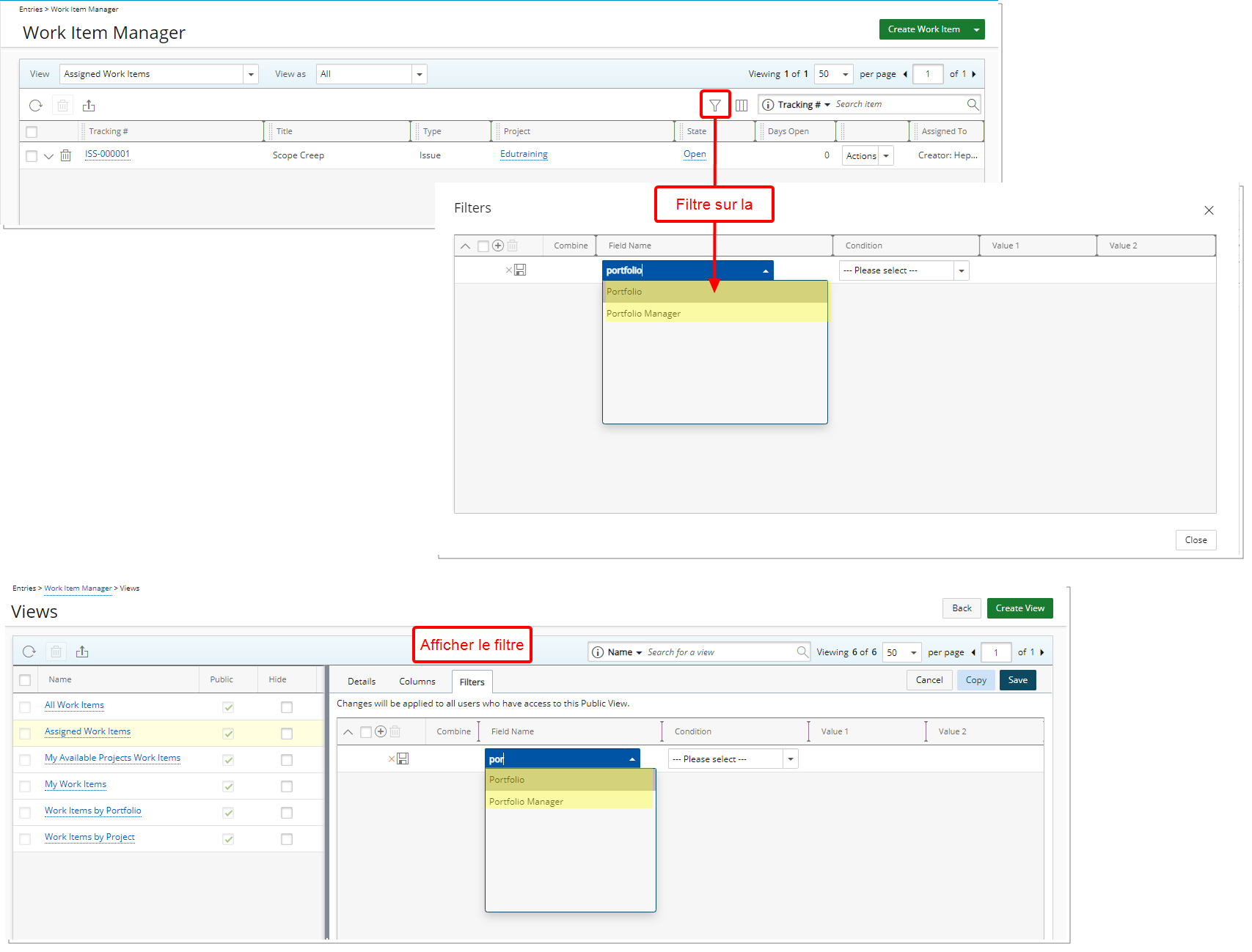 Nouveaux critères de filtre dans les vues du gestionnaire d'éléments de travail