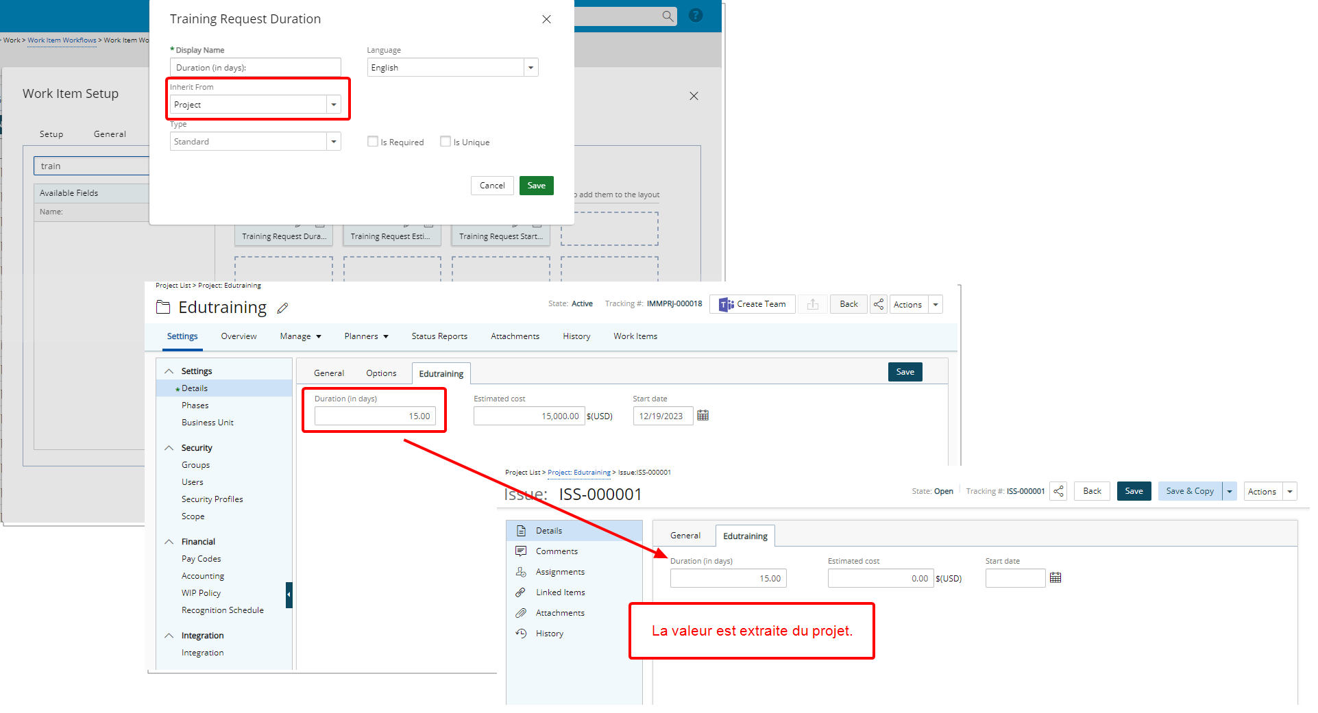 Hériter de la valeur du champ défini par l'utilisateur du projet