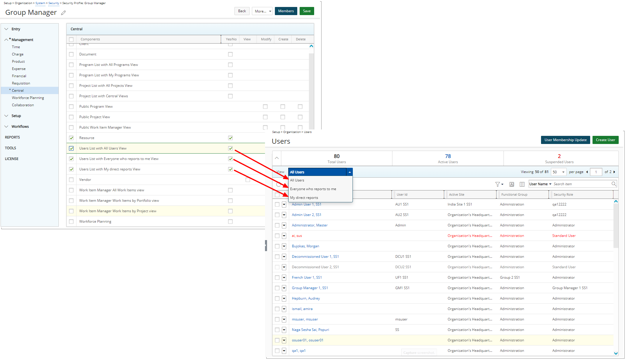Vues de la liste des nouveaux utilisateurs pour les gestionnaires de groupe