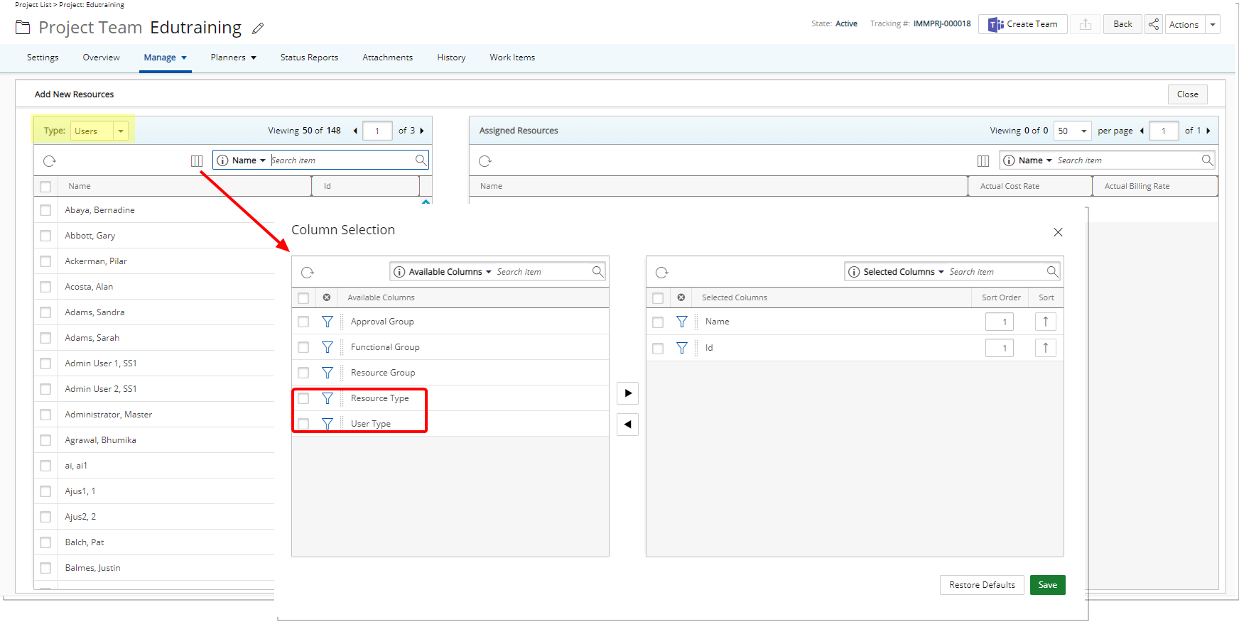 Nouvelles options de sélection de colonne dans la page Ajouter de nouvelles ressources