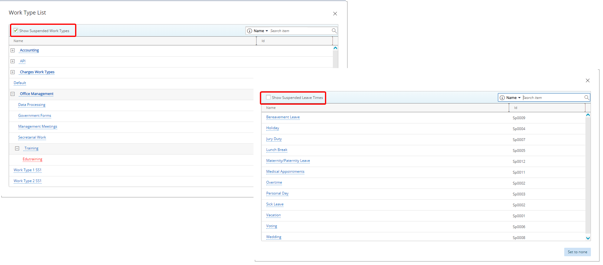 Nouveau Afficher les types de travail suspendus ou le temps de congé