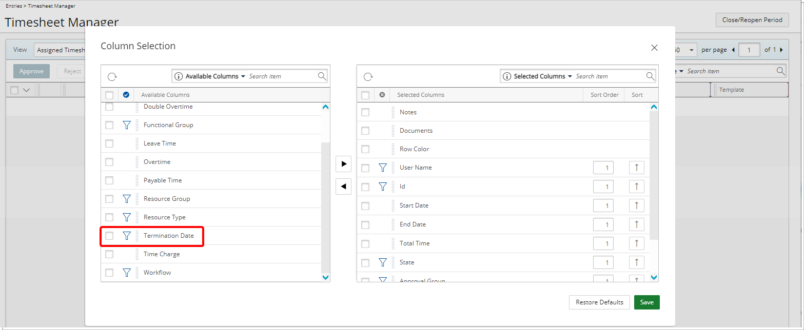 Ajout de la date de résiliation comme option de sélection de colonne