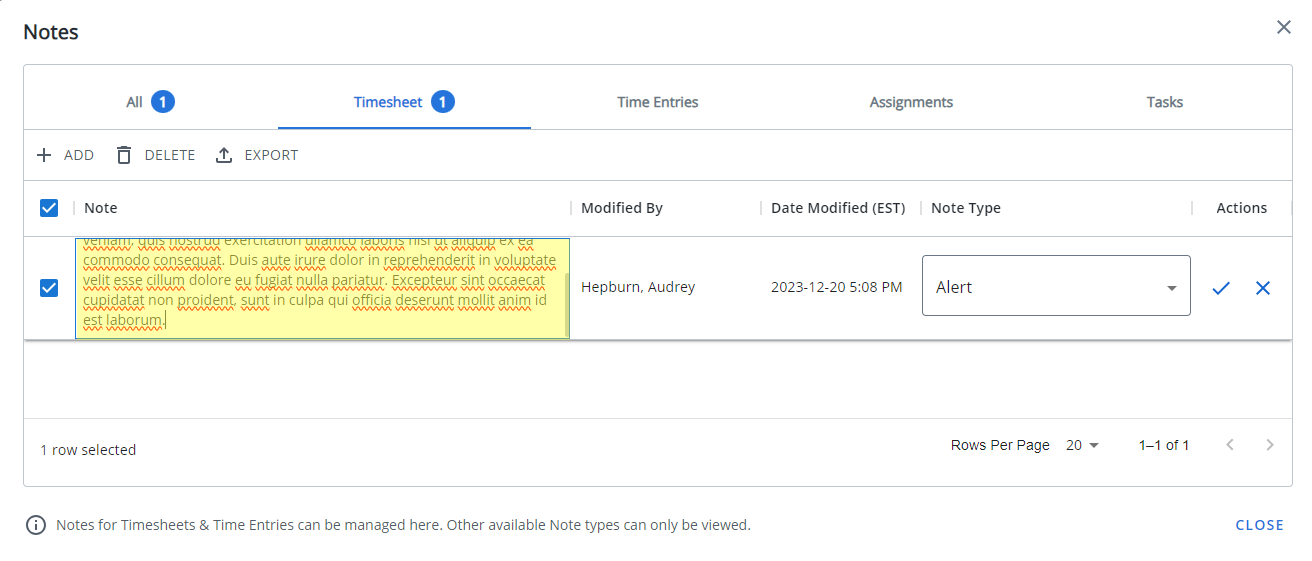 Onglet Feuille de temps - Lisibilité améliorée des notes