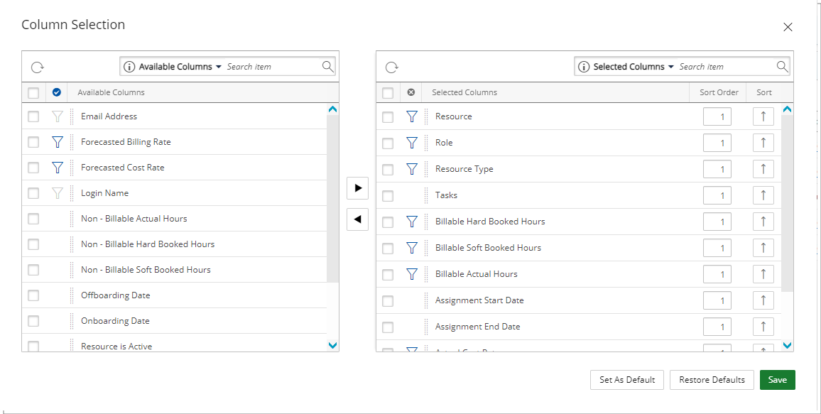 Nouveaux champs de sélection de colonnes