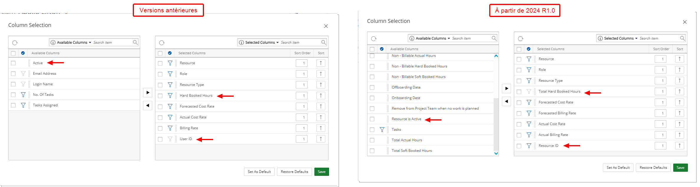 Champs de sélection de colonne renommés