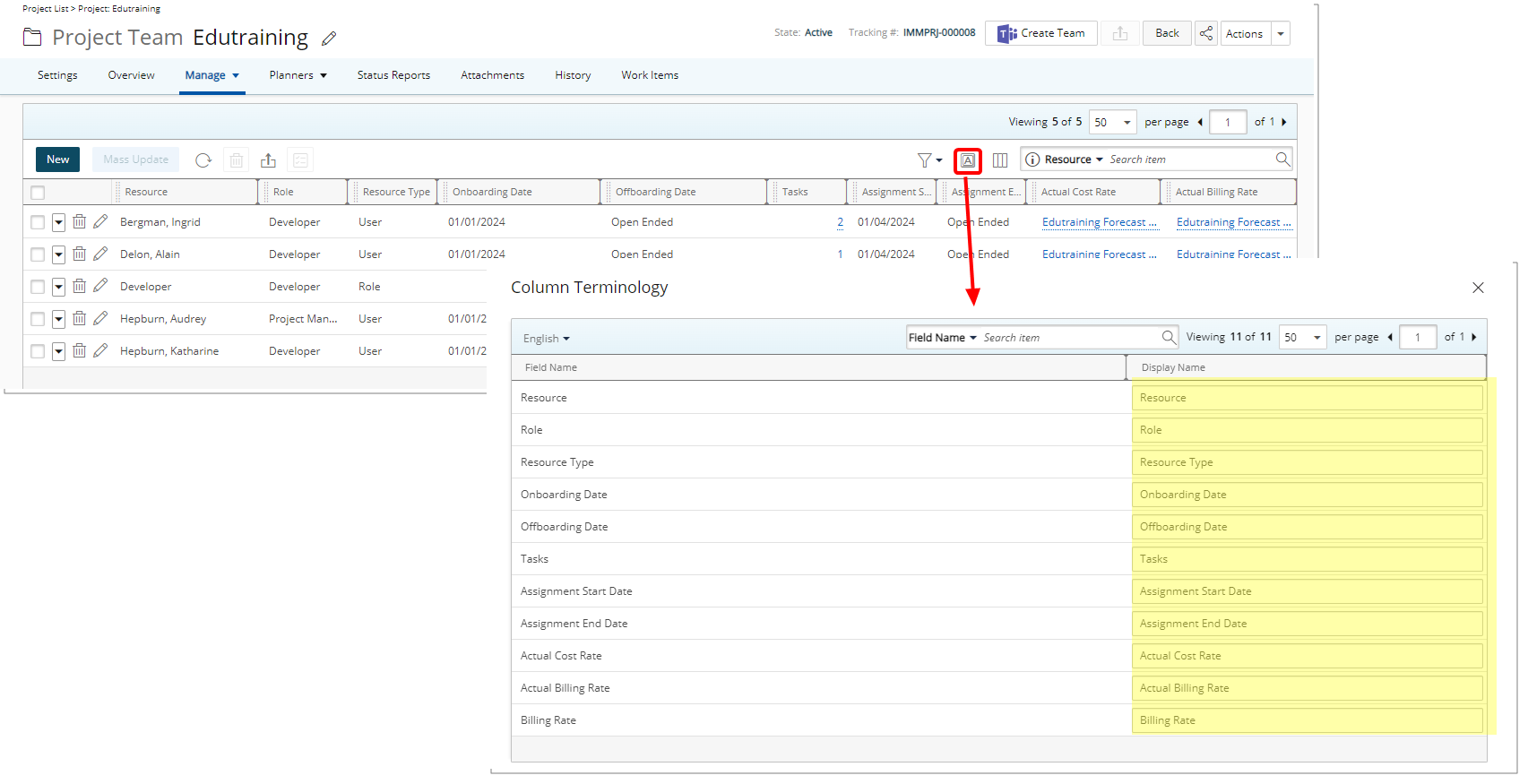 Nouvelle fonctionnalité de terminologie des colonnes
