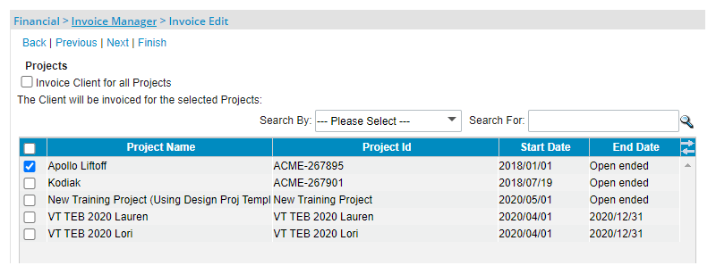 Sélectionnez le(s) projet(s)