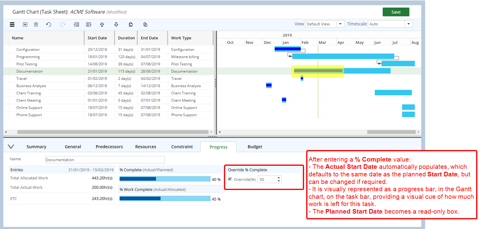 Entrez le % achevé pour la tâche