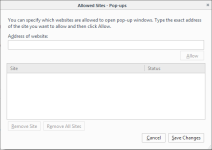 Example of the Allowed Sites – Pop-ups dialog box in Firefox. Click to enlarge.