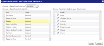 Choose Related List and Fields from Salesforce dialog box