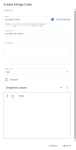 Example of the Merge Code Properties and Drop Down Values dialog box set up for a default merge code