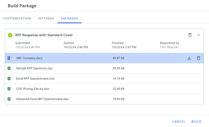 History tab of Package dialog box