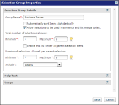 Selection Group Properties dialog box