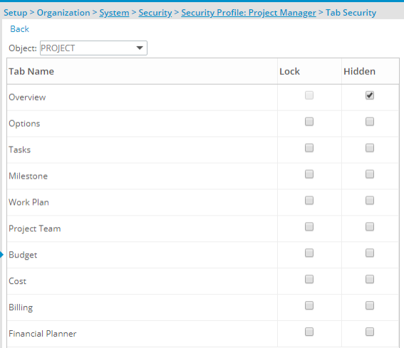 Click the check box of the Project tab to hide
