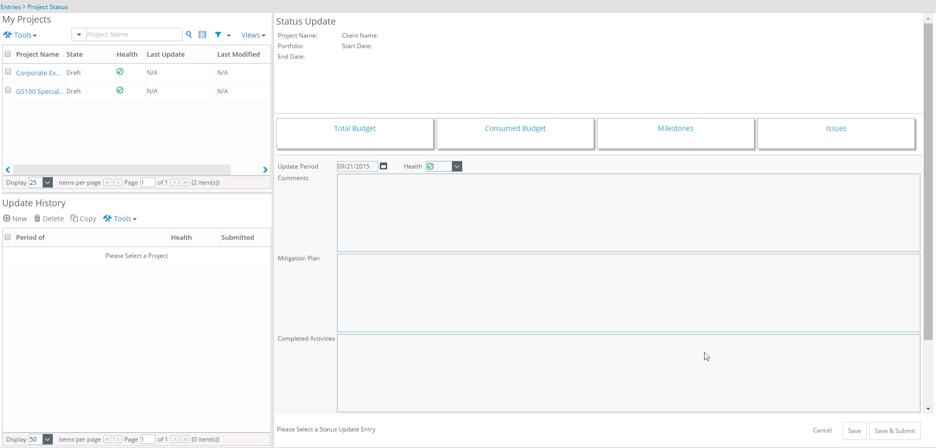 View the Project Status page