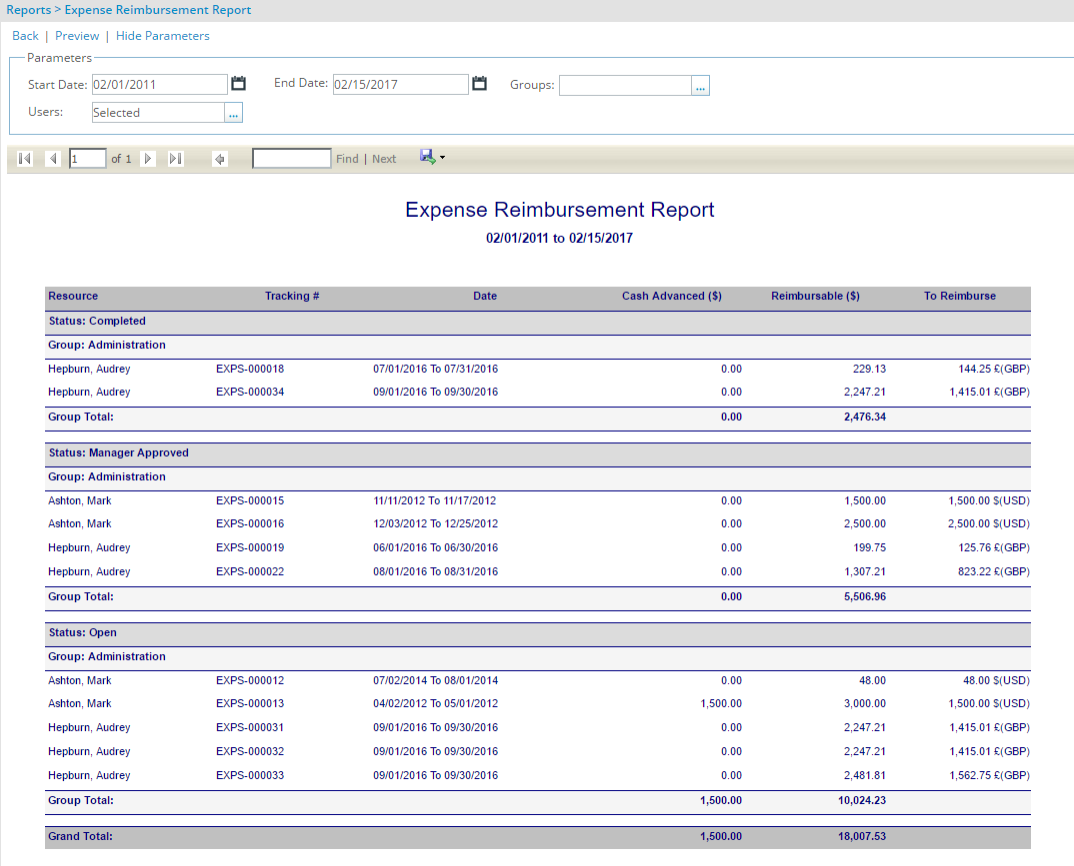 Expense Reimbursement Report